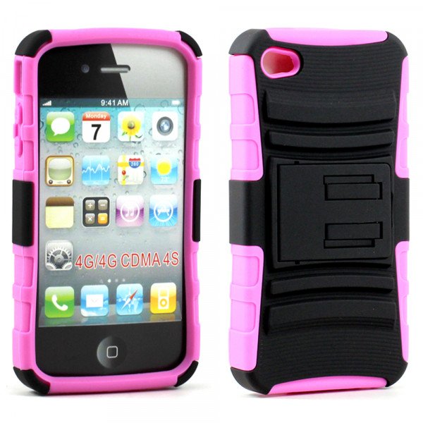 Wholesale iPhone 4 4S TPU+PCDual Hybrid Case with Stand (Black-Pink)